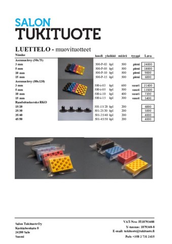 Tuoteluettelo | muovituotteet - asennuspalat ja raudoituskorokkeet - 2026-08